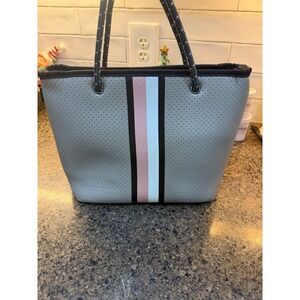 Haute Shore neoprene tote bag in grey‎ with pink, white, and black stripes. NEW